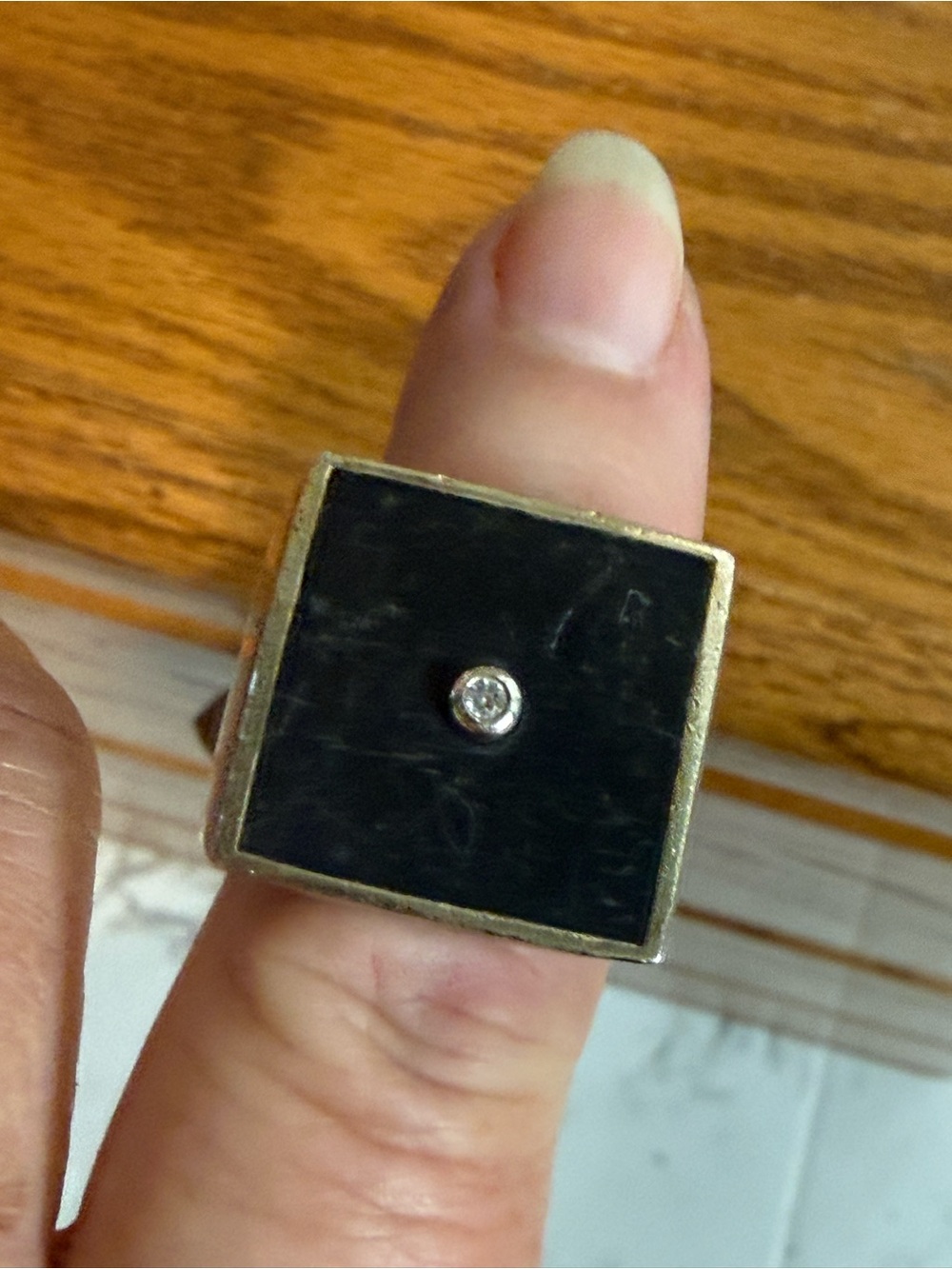 Elizabeth and James Sterling Silver Ring 7.25 White Center Gem Square Black Top